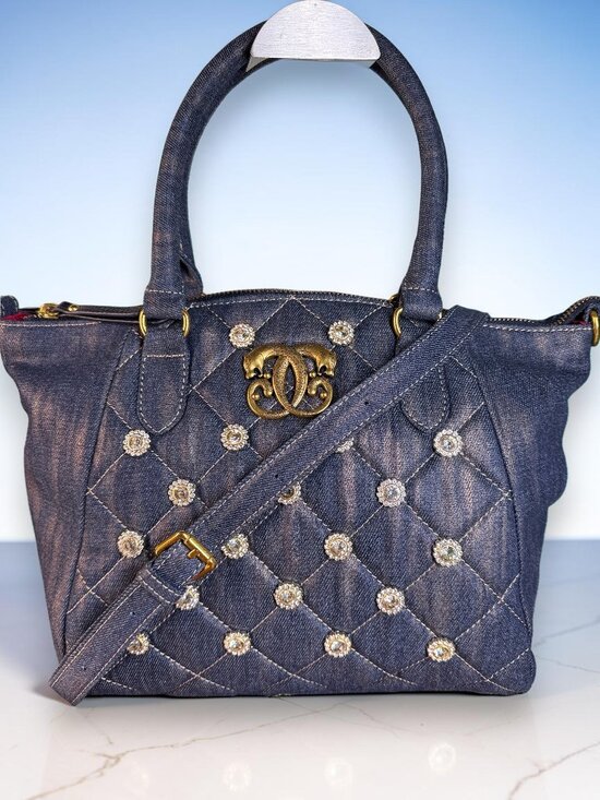 Sharif Handbags - Sharif 1827 Legacy Rare Quilted Denim Rhinestone Satchel Crossbody Bag